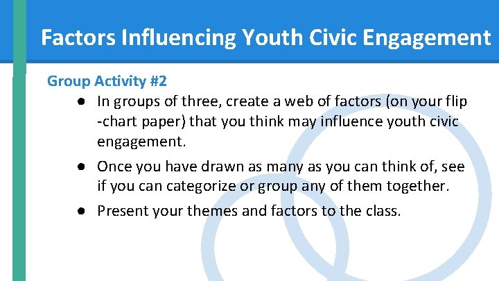 Factors Influencing Youth Civic Engagement Group Activity #2 ● In groups of three, create