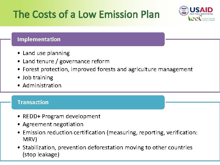 The Costs of a Low Emission Plan Implementation • • • Land use planning