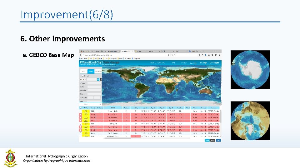 Improvement(6/8) 6. Other improvements a. GEBCO Base Map a) GEBCO base map International Hydrographic
