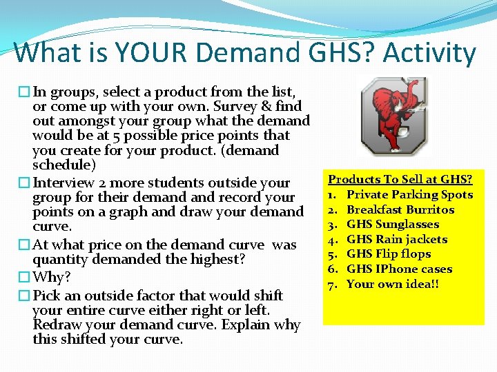 What is YOUR Demand GHS? Activity �In groups, select a product from the list, What is YOUR Demand GHS? Activity �In groups, select a product from the list,