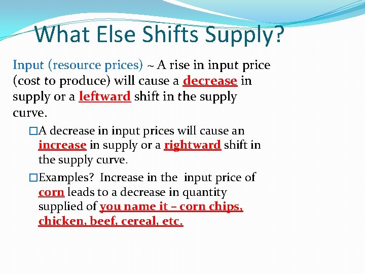 What Else Shifts Supply? Input (resource prices) ~ A rise in input price (cost What Else Shifts Supply? Input (resource prices) ~ A rise in input price (cost