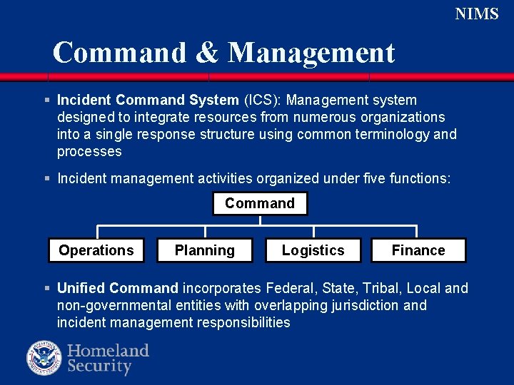 NIMS Command & Management § Incident Command System (ICS): Management system designed to integrate NIMS Command & Management § Incident Command System (ICS): Management system designed to integrate