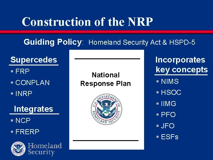 Construction of the NRP Guiding Policy: Homeland Security Act & HSPD-5 Supercedes § FRP Construction of the NRP Guiding Policy: Homeland Security Act & HSPD-5 Supercedes § FRP