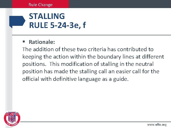 Rule Change STALLING RULE 5 -24 -3 e, f § Rationale: The addition of
