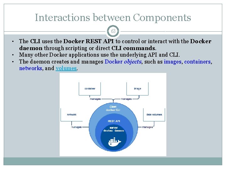 Interactions between Components 63 • The CLI uses the Docker REST API to control