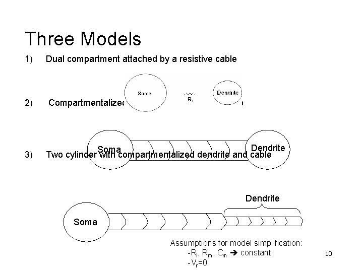 Three Models 1) Dual compartment attached by a resistive cable 2) Compartmentalized cable with Three Models 1) Dual compartment attached by a resistive cable 2) Compartmentalized cable with