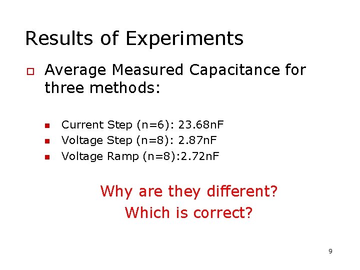 Results of Experiments o Average Measured Capacitance for three methods: n n n Current Results of Experiments o Average Measured Capacitance for three methods: n n n Current
