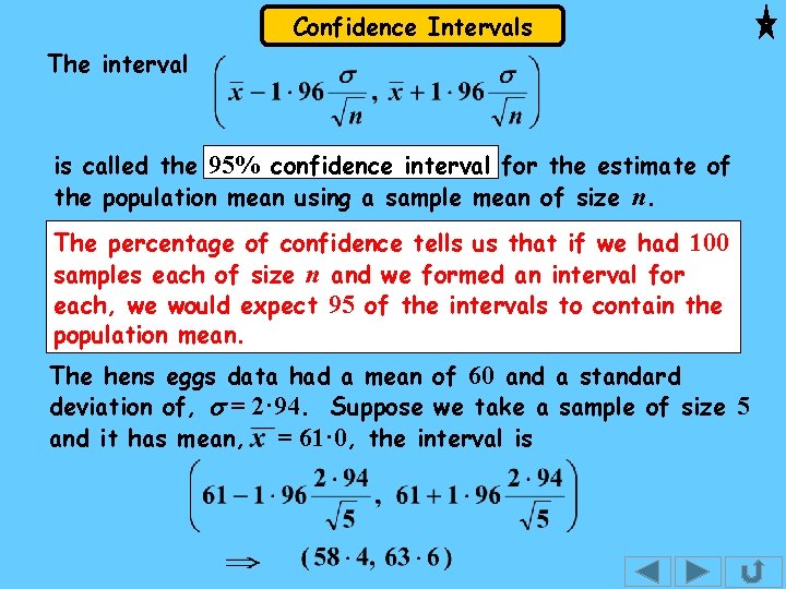 Confidence Intervals The interval is called the 95% confidence interval for the estimate of