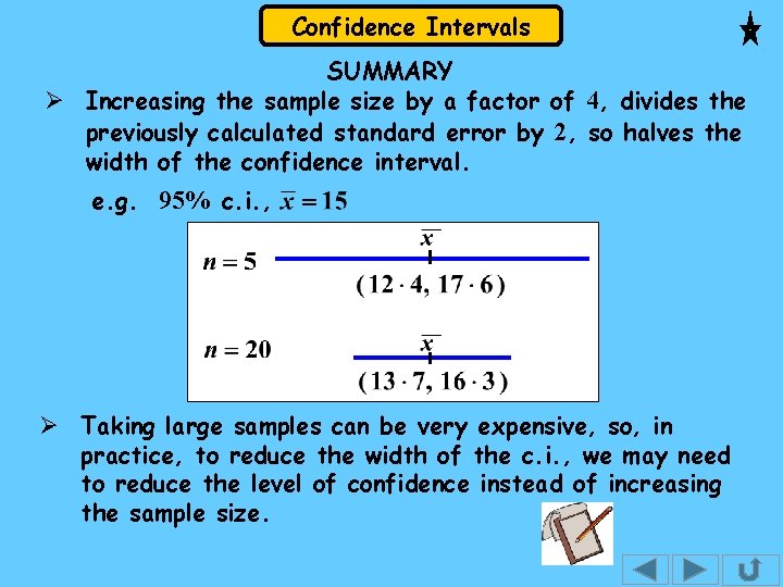 Confidence Intervals SUMMARY Ø Increasing the sample size by a factor of 4, divides