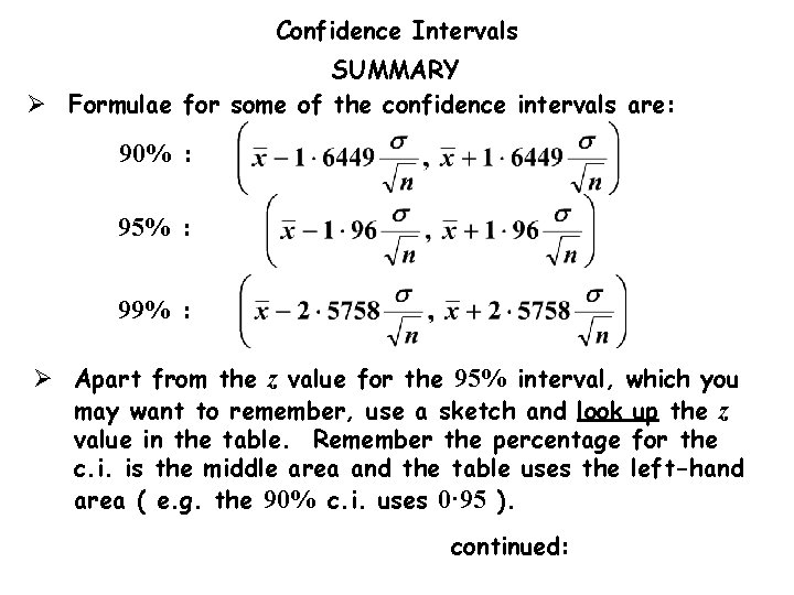 Confidence Intervals SUMMARY Ø Formulae for some of the confidence intervals are: 90% :