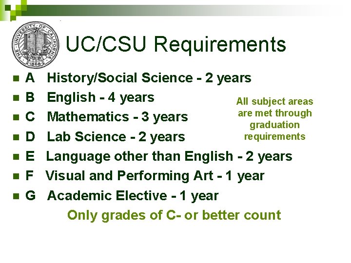 UC/CSU Requirements n n n n A History/Social Science - 2 years B English