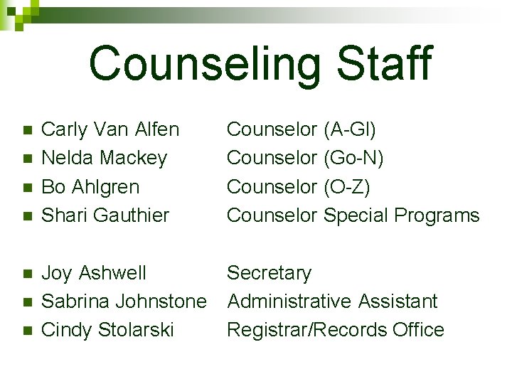 Counseling Staff n n n n Carly Van Alfen Nelda Mackey Bo Ahlgren Shari