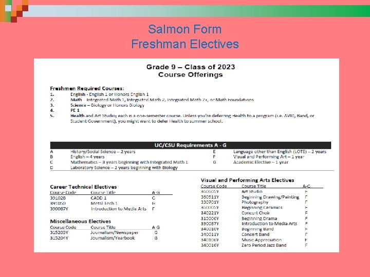 Salmon Form Freshman Electives 