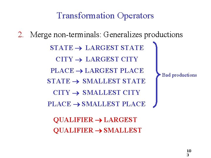 Transformation Operators 2. Merge non-terminals: Generalizes productions STATE LARGEST STATE CITY LARGEST CITY PLACE