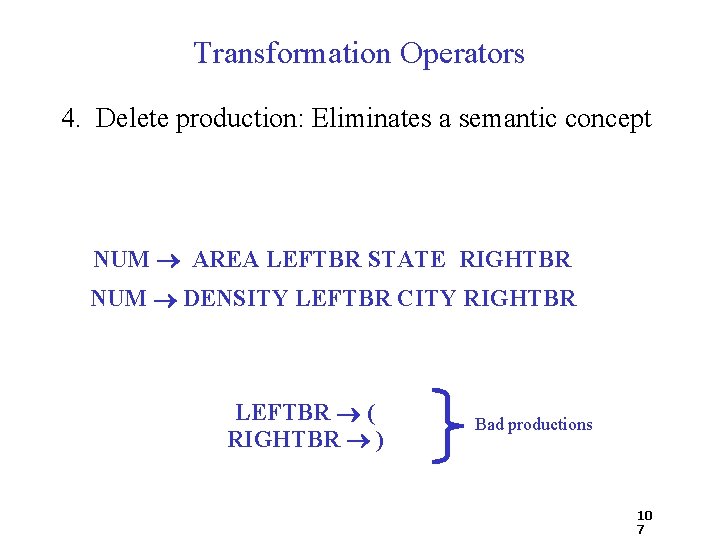 Transformation Operators 4. Delete production: Eliminates a semantic concept NUM AREA LEFTBR STATE RIGHTBR