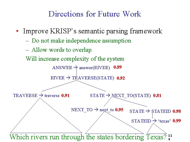 Directions for Future Work • Improve KRISP’s semantic parsing framework – Do not make