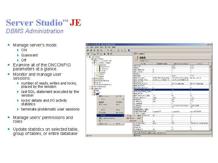 Server Studio™ JE DBMS Administration § Manage server’s mode: 4 ON 4 Quiescent 4