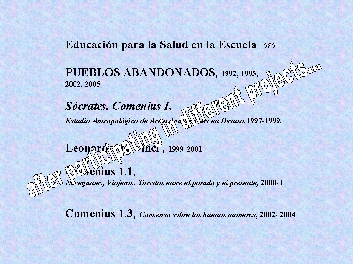 Educación para la Salud en la Escuela 1989 PUEBLOS ABANDONADOS, 1992, 1995, 2002, 2005