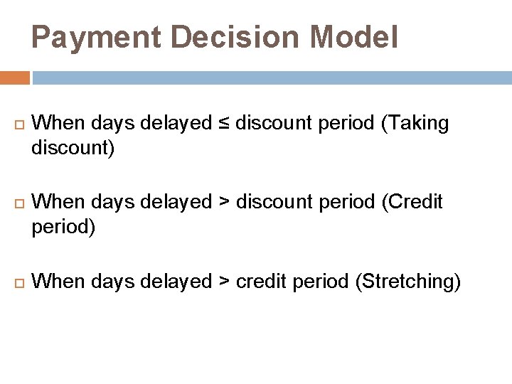 Payment Decision Model When days delayed ≤ discount period (Taking discount) When days delayed