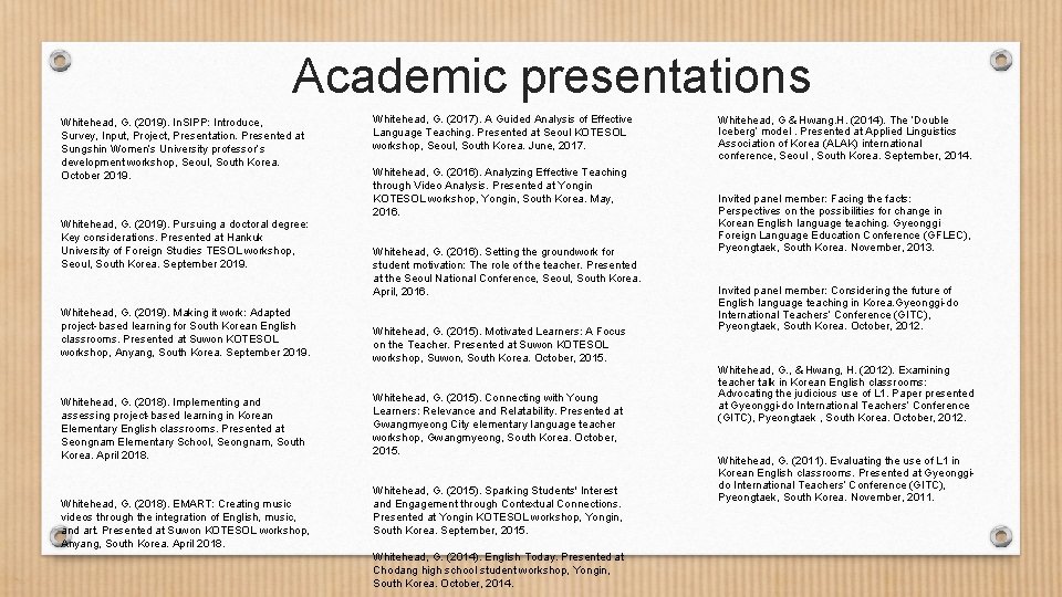 Academic presentations Whitehead, G. (2019). In. SIPP: Introduce, Survey, Input, Project, Presentation. Presented at