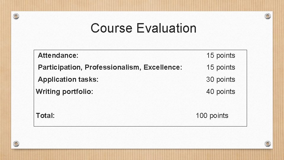 Course Evaluation Attendance: 15 points Participation, Professionalism, Excellence: 15 points Application tasks: 30 points