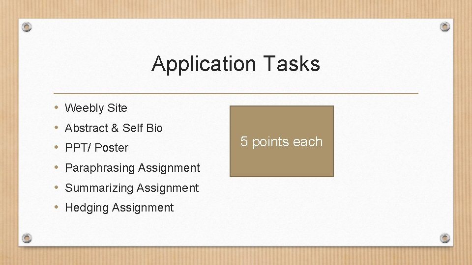 Application Tasks • • • Weebly Site Abstract & Self Bio PPT/ Poster Paraphrasing
