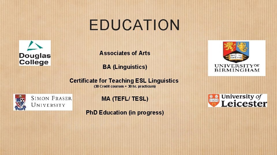 EDUCATION Associates of Arts BA (Linguistics) Certificate for Teaching ESL Linguistics (30 Credit courses