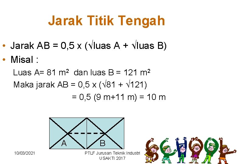 Jarak Titik Tengah • Jarak AB = 0, 5 x (√luas A + √luas