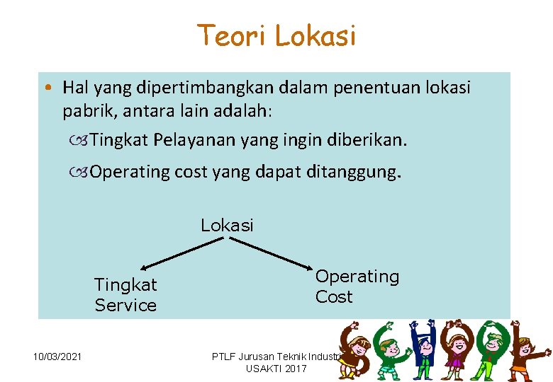 Teori Lokasi • Hal yang dipertimbangkan dalam penentuan lokasi pabrik, antara lain adalah: Tingkat