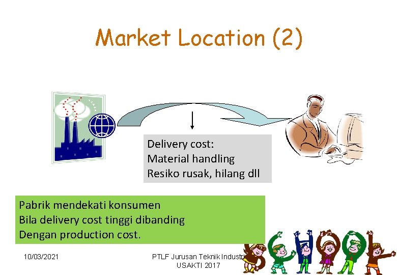 Market Location (2) Delivery cost: Material handling Resiko rusak, hilang dll Pabrik mendekati konsumen