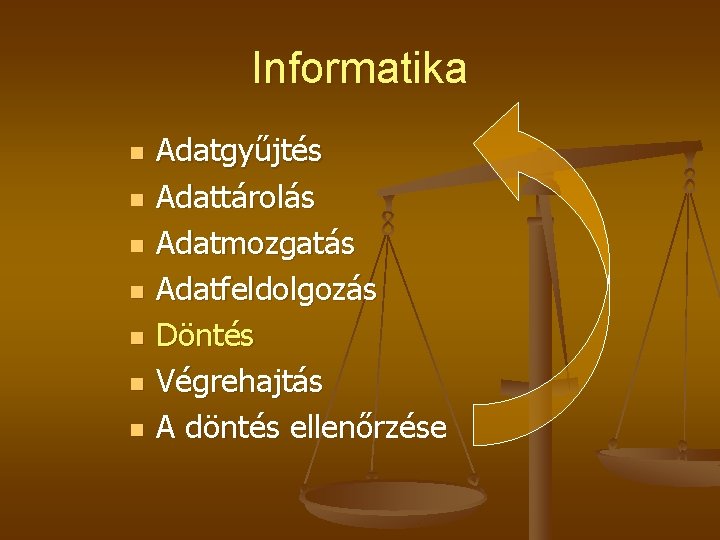 Informatika n n n n Adatgyűjtés Adattárolás Adatmozgatás Adatfeldolgozás Döntés Végrehajtás A döntés ellenőrzése Informatika n n n n Adatgyűjtés Adattárolás Adatmozgatás Adatfeldolgozás Döntés Végrehajtás A döntés ellenőrzése