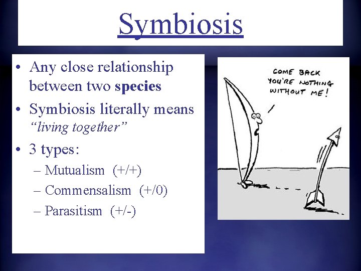 Symbiosis • Any close relationship between two species • Symbiosis literally means “living together”