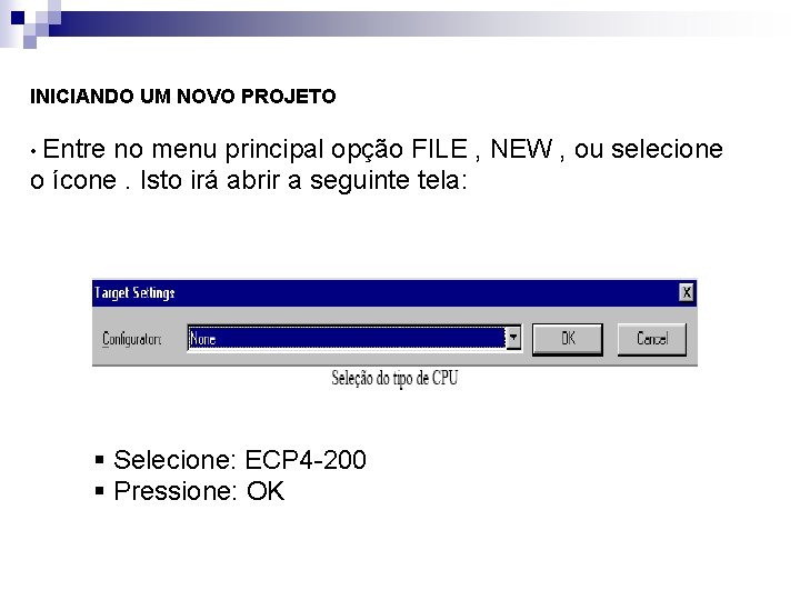 INICIANDO UM NOVO PROJETO • Entre no menu principal opção FILE , NEW ,