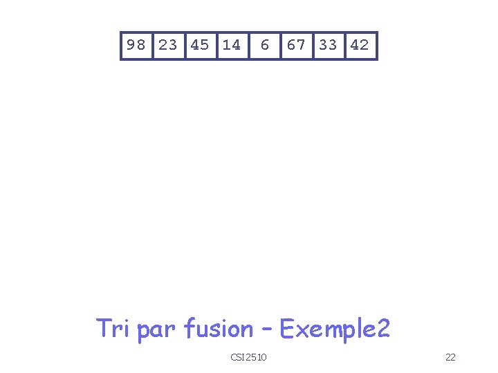 98 23 45 14 6 67 33 42 Tri par fusion – Exemple 2