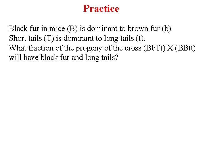 Practice Black fur in mice (B) is dominant to brown fur (b). Short tails
