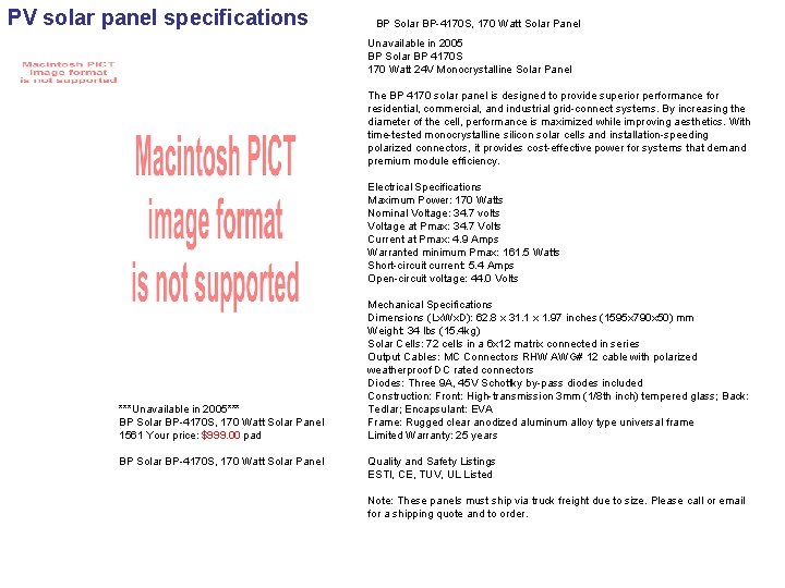 PV solar panel specifications BP Solar BP-4170 S, 170 Watt Solar Panel Unavailable in