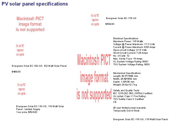 PV solar panel specifications Evergreen Solar EC-115 -GD $539. 00 Evergreen Solar EC-102 -GD,