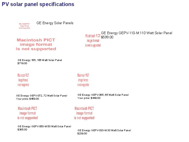 PV solar panel specifications GE Energy Solar Panels GE Energy GEPV-110 -M 110 Watt