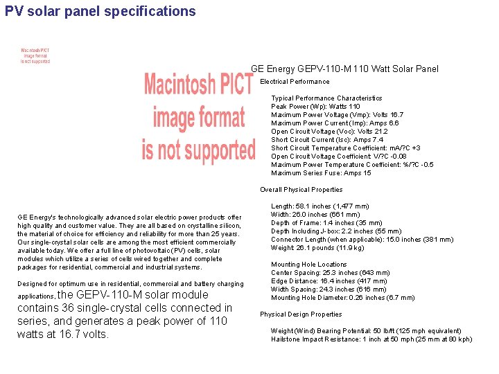 PV solar panel specifications GE Energy GEPV-110 -M 110 Watt Solar Panel Electrical Performance