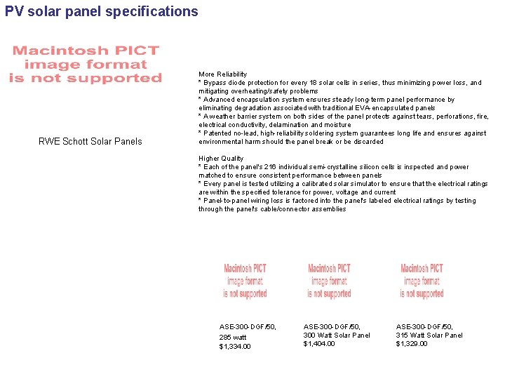 PV solar panel specifications RWE Schott Solar Panels More Reliability * Bypass diode protection