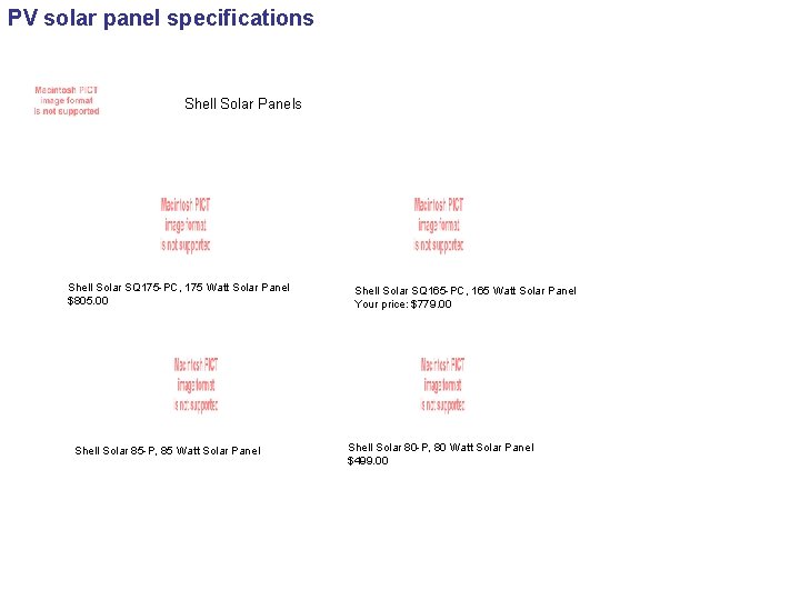 PV solar panel specifications Shell Solar Panels Shell Solar SQ 175 -PC, 175 Watt