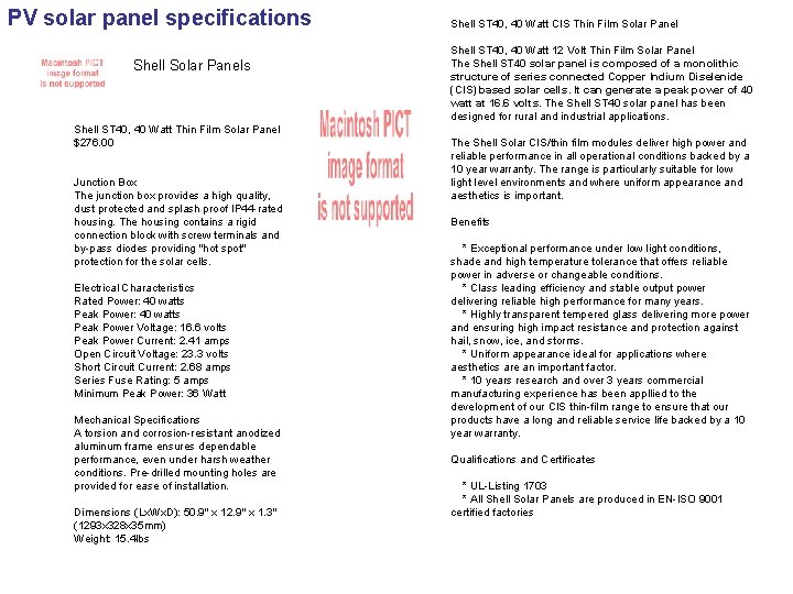 PV solar panel specifications Shell Solar Panels Shell ST 40, 40 Watt Thin Film