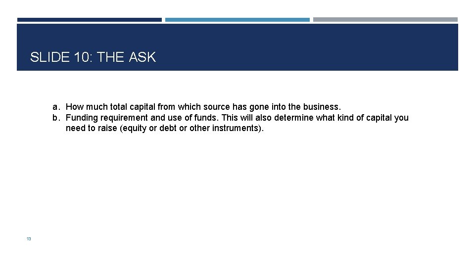 SLIDE 10: THE ASK a. How much total capital from which source has gone