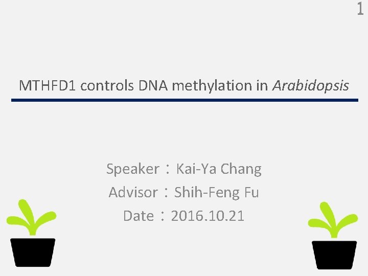 1 MTHFD 1 controls DNA methylation in Arabidopsis Speaker：Kai-Ya Chang Advisor：Shih-Feng Fu Date： 2016.
