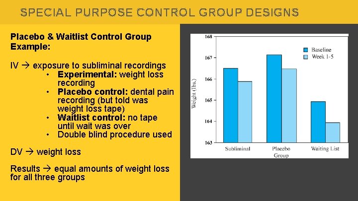 SPECIAL PURPOSE CONTROL GROUP DESIGNS Placebo & Waitlist Control Group Example: IV exposure to