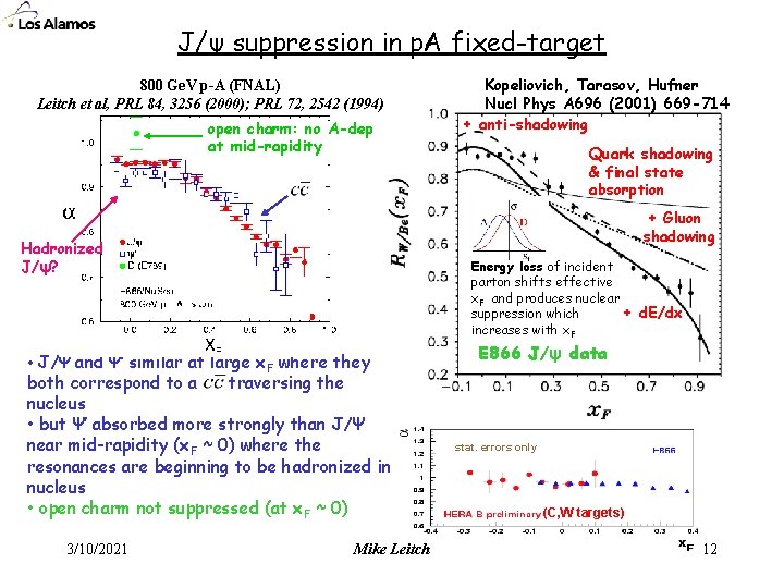 J/ψ suppression in p. A fixed-target 800 Ge. V p-A (FNAL) Leitch et al,
