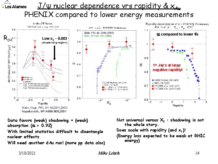 J/ψ nuclear dependence vrs rapidity & x. Au PHENIX compared to lower energy measurements