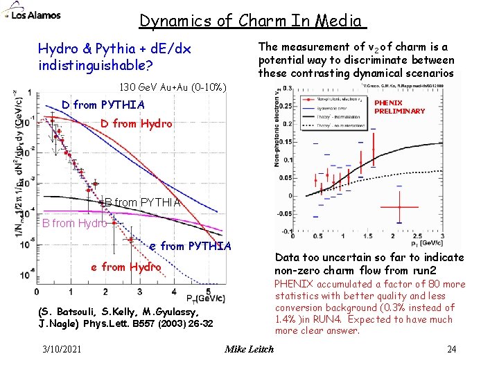 Dynamics of Charm In Media Hydro & Pythia + d. E/dx indistinguishable? 130 Ge.