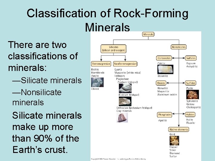 Classification of Rock-Forming Minerals There are two classifications of minerals: —Silicate minerals —Nonsilicate minerals Classification of Rock-Forming Minerals There are two classifications of minerals: —Silicate minerals —Nonsilicate minerals