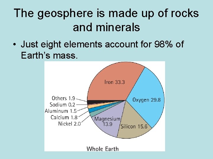 The geosphere is made up of rocks and minerals • Just eight elements account The geosphere is made up of rocks and minerals • Just eight elements account